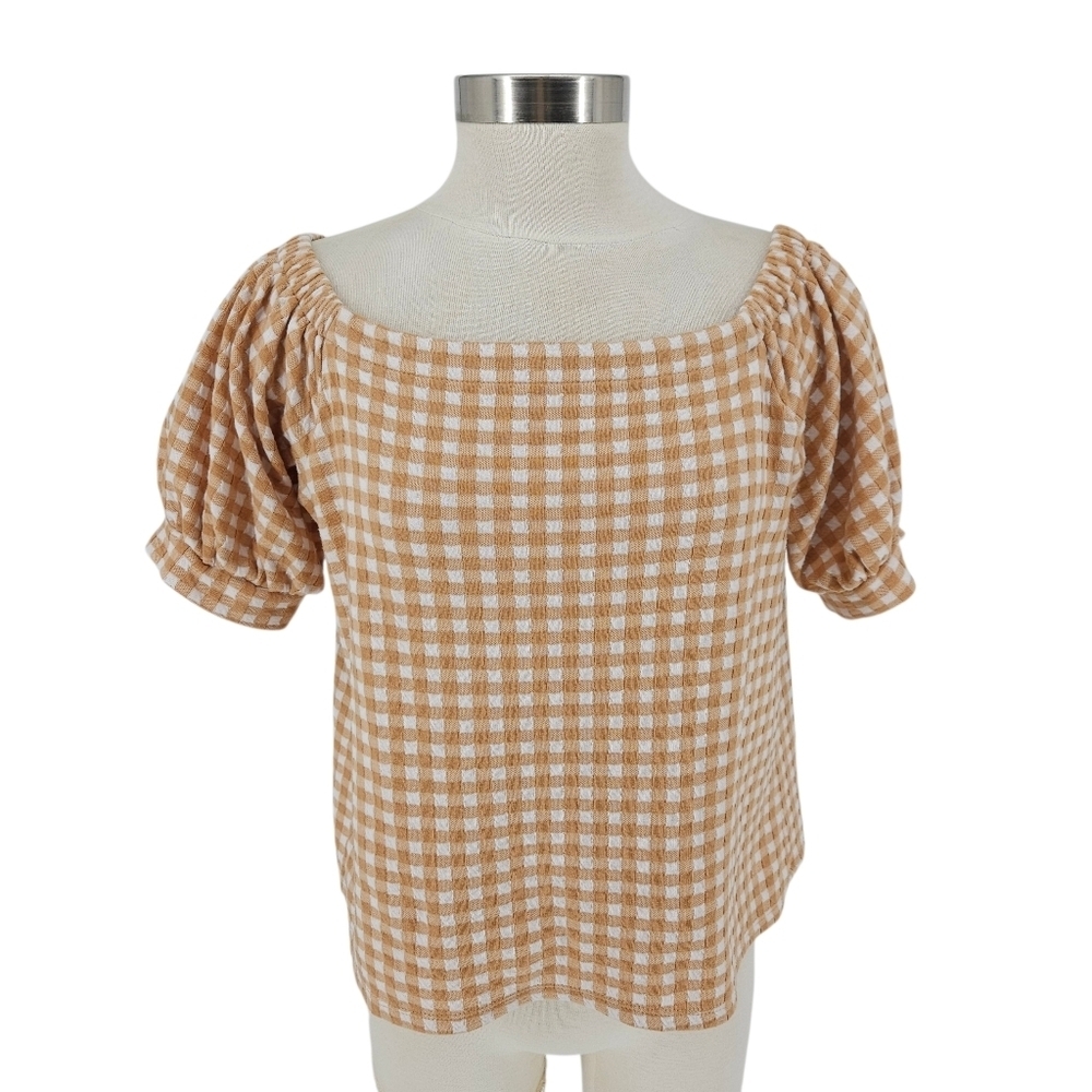 Ann Taylor LOFT Shirt Tan Gingham Puff Short Sleeve Square Neck Knit Top Medium